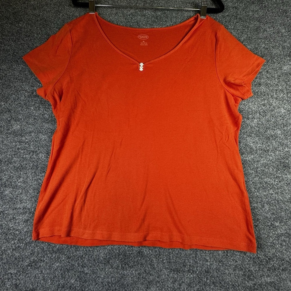 Talbots Women’s Orange Cotton Knit Embroidered V-Neck Short Sleeve Top XL